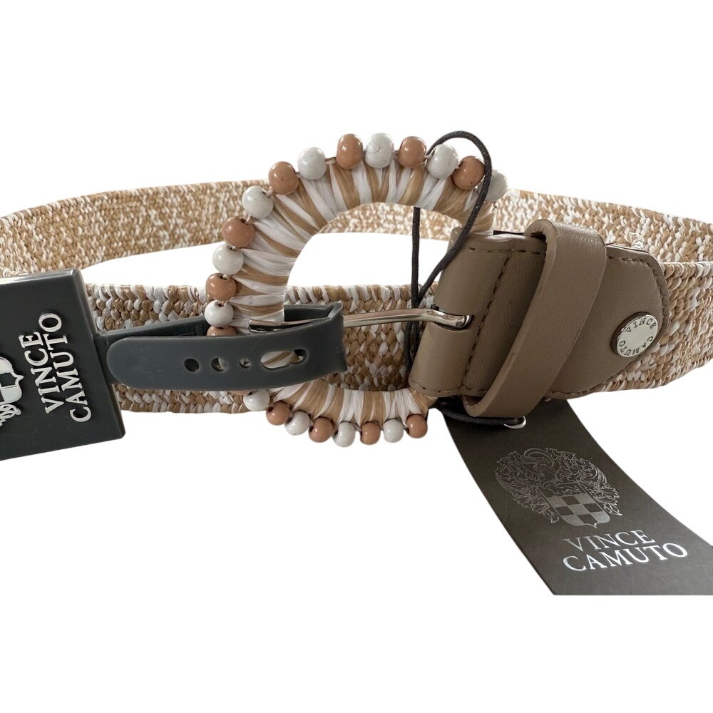 Vince Camuto Woven Straw‎ Belt Beaded Buckle Coastal Resort Luxe NWT M/L